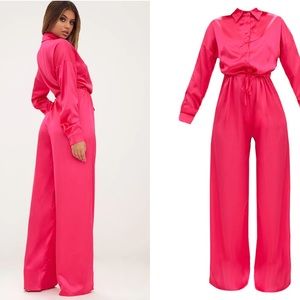 PrettyLittleThing Fuchsia Satin Wide Leg Jumpsuit.